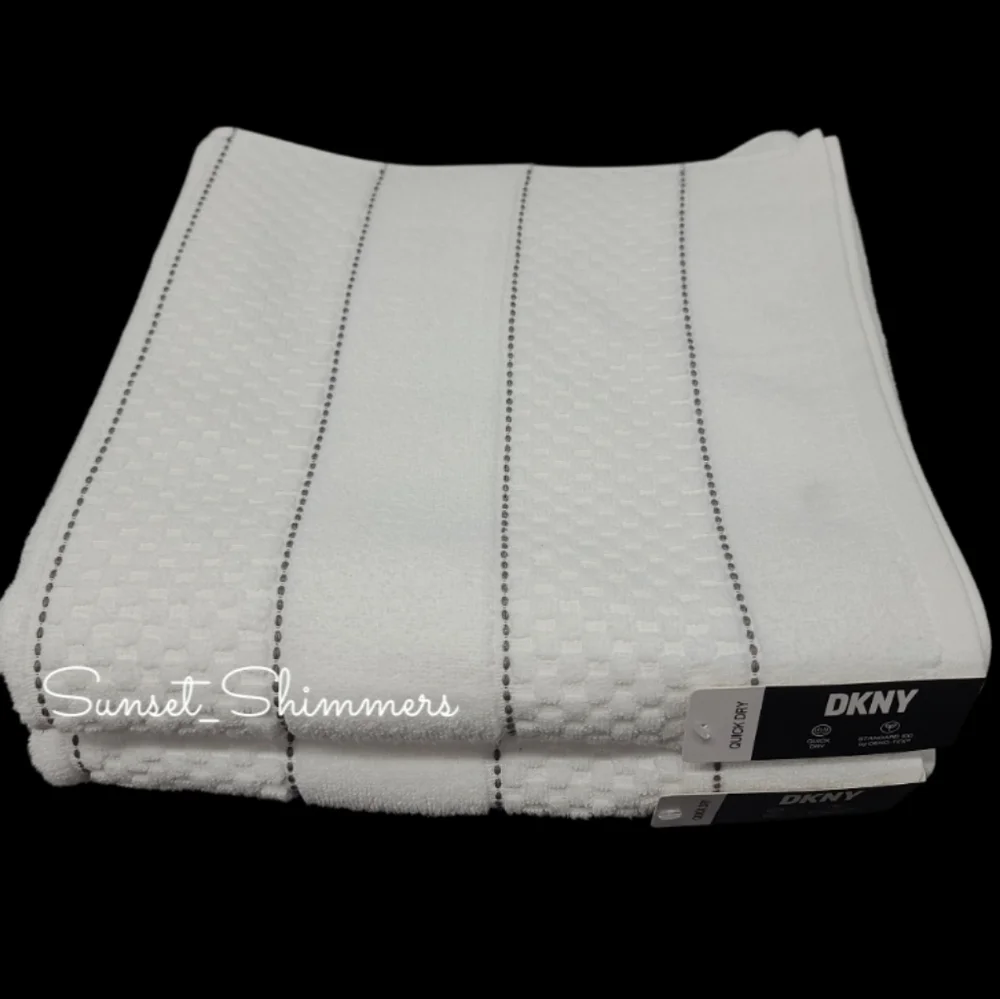9pc DKNY White Textured Dark Gray Dot Pin Stripe Bath Hand Washcloth Towel Set